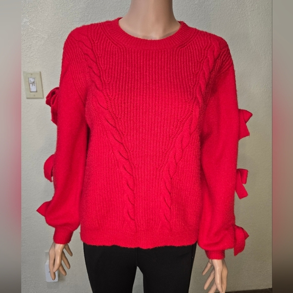 Molly Bracken By ANTROPOLOGY Red Cable Knit Sweater with Bow Details Size Lge - Picture 7 of 13